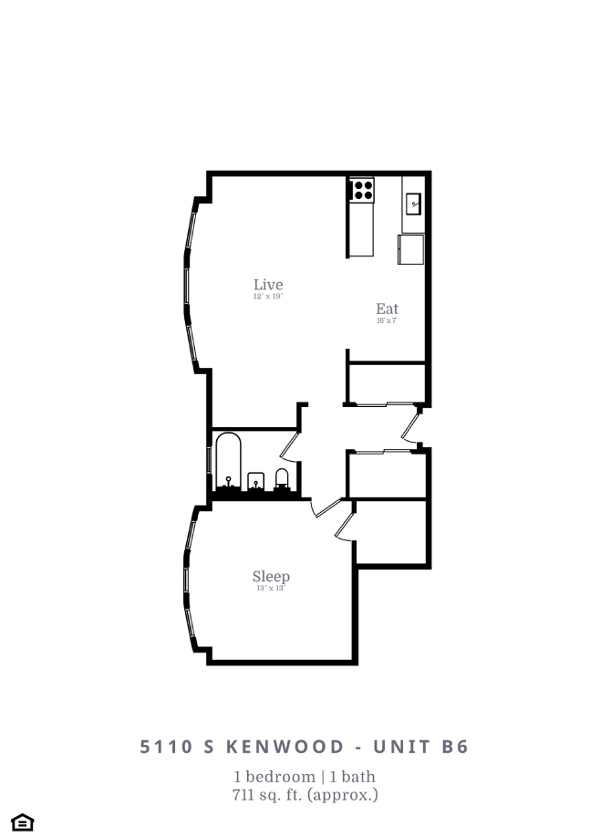 Floor plan for 1 bed, 1 bath, 711 sqft